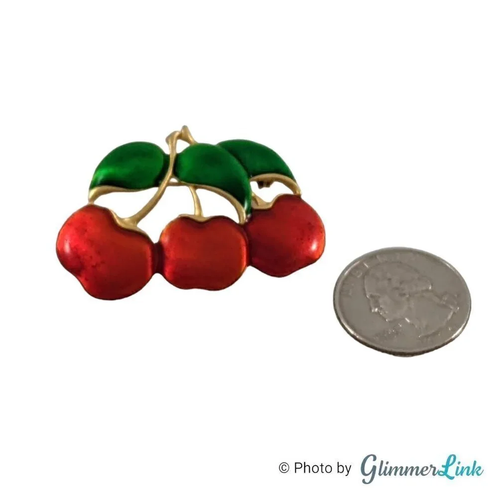 Vintage Three Cherries Enamel Gold Tone Brooch